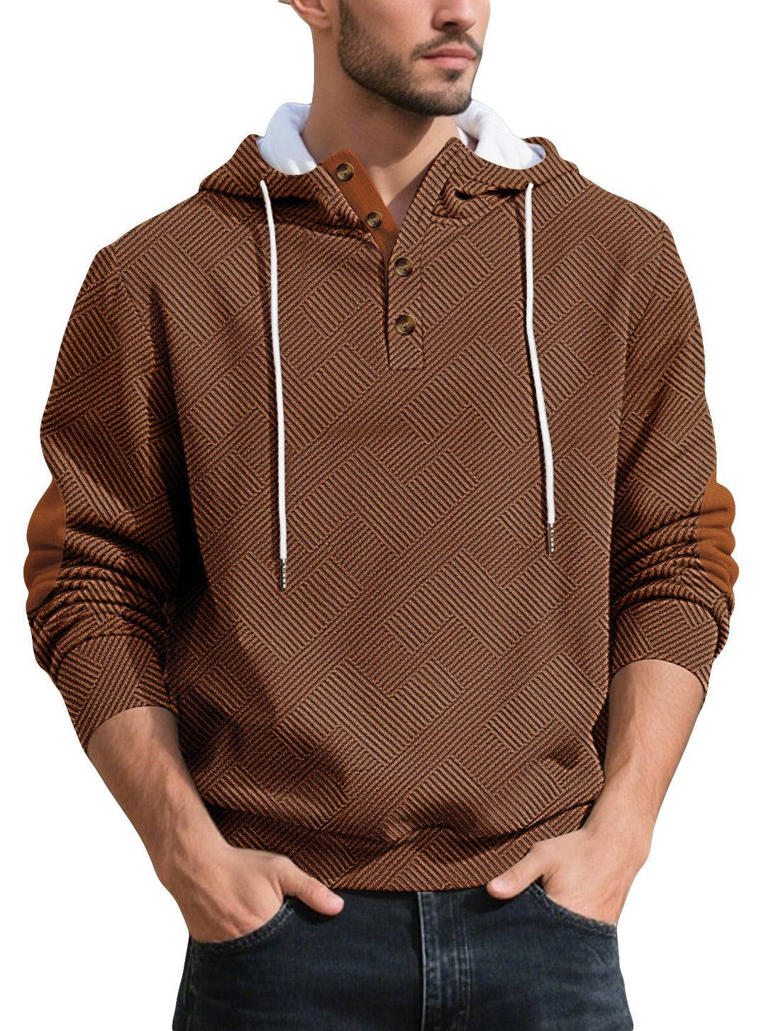 Herren nan strukturierter Kapuzen-Henley-Pullover mit Jacquardstruktur, Knopfleiste und Ellenbogenpatches Drune