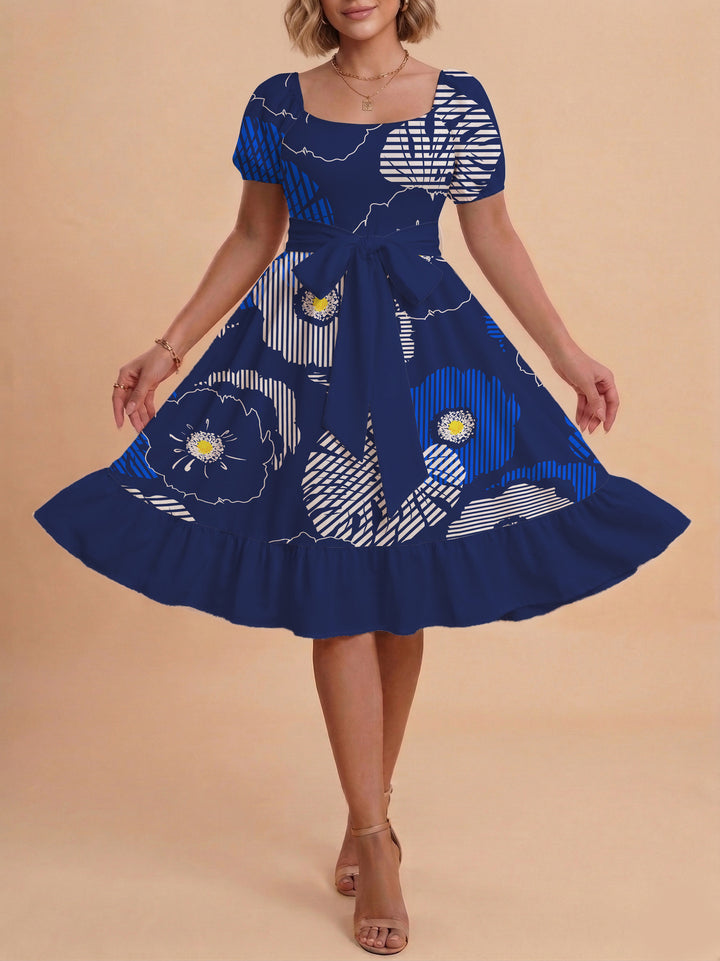 Damen A-Linien-Kleid mit floralen Motiven und taillierbarem Gürtel Drune