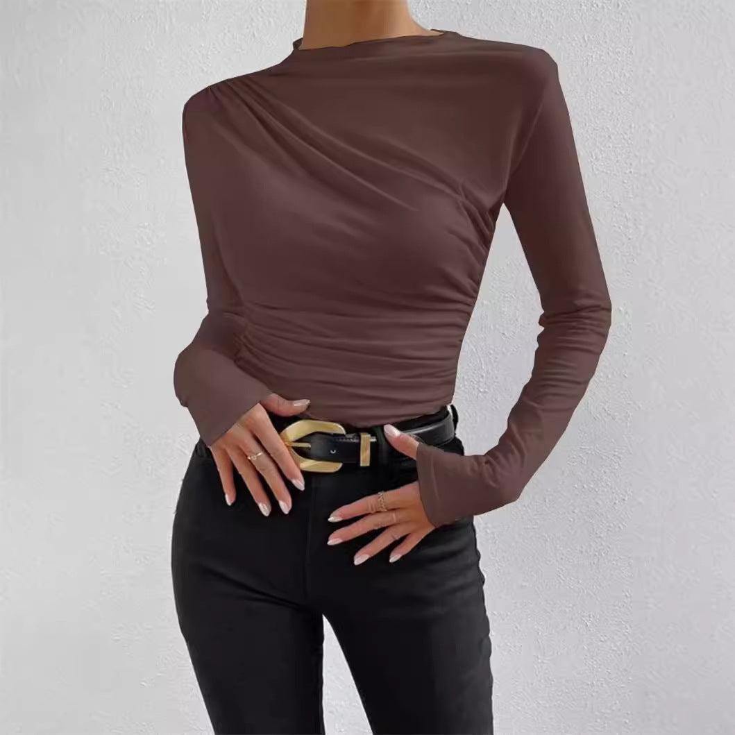Damen nan gerafftes Langarmshirt mit asymmetrischem U-Boot-Ausschnitt und figurbetonter Silhouette Drune
