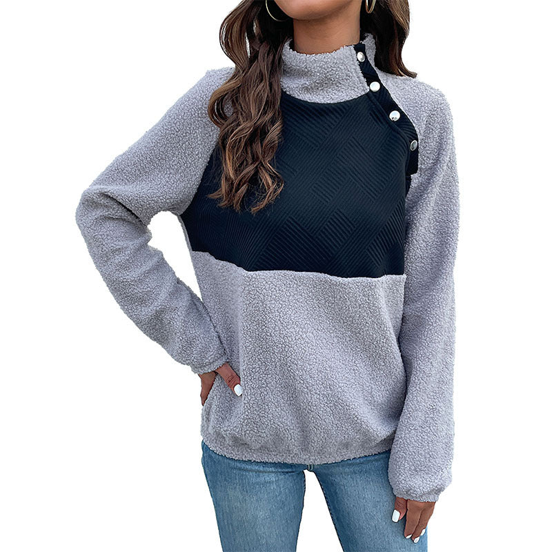 Damen modischer Stehkragenpullover mit strukturiertem Design und Knopfdetail Drune