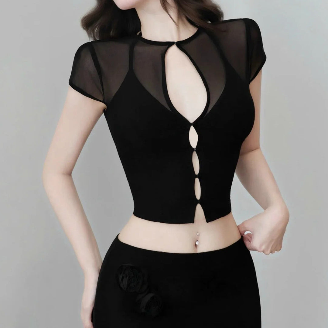 Damen Mesh-Oberteil mit dekorativem Bindeband Drune