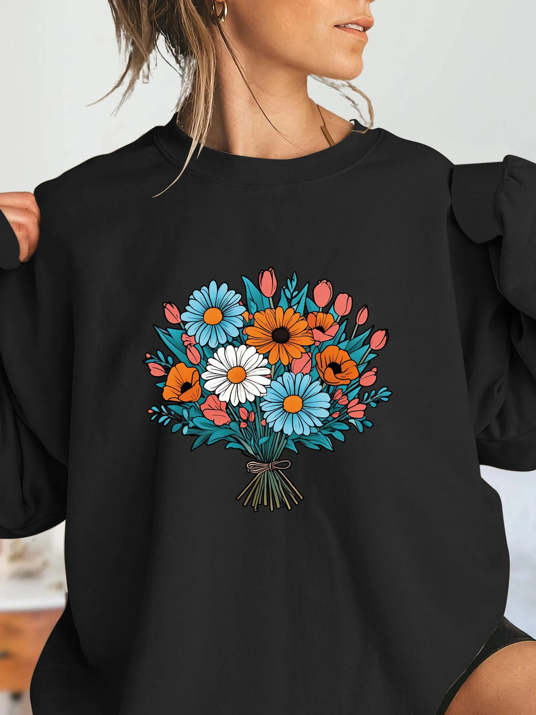 Damen Oversized Sweatshirt mit floralen Grafikdetails Drune