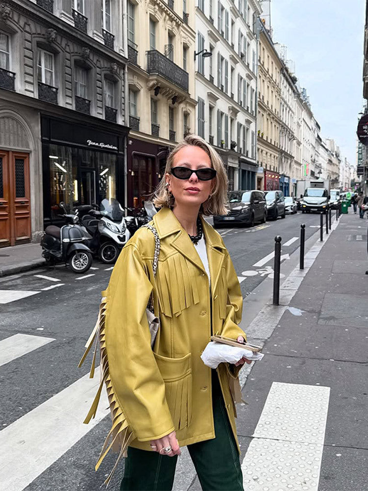 Damen Kunstlederjacke mit Fransen und praktischen Taschen Drune