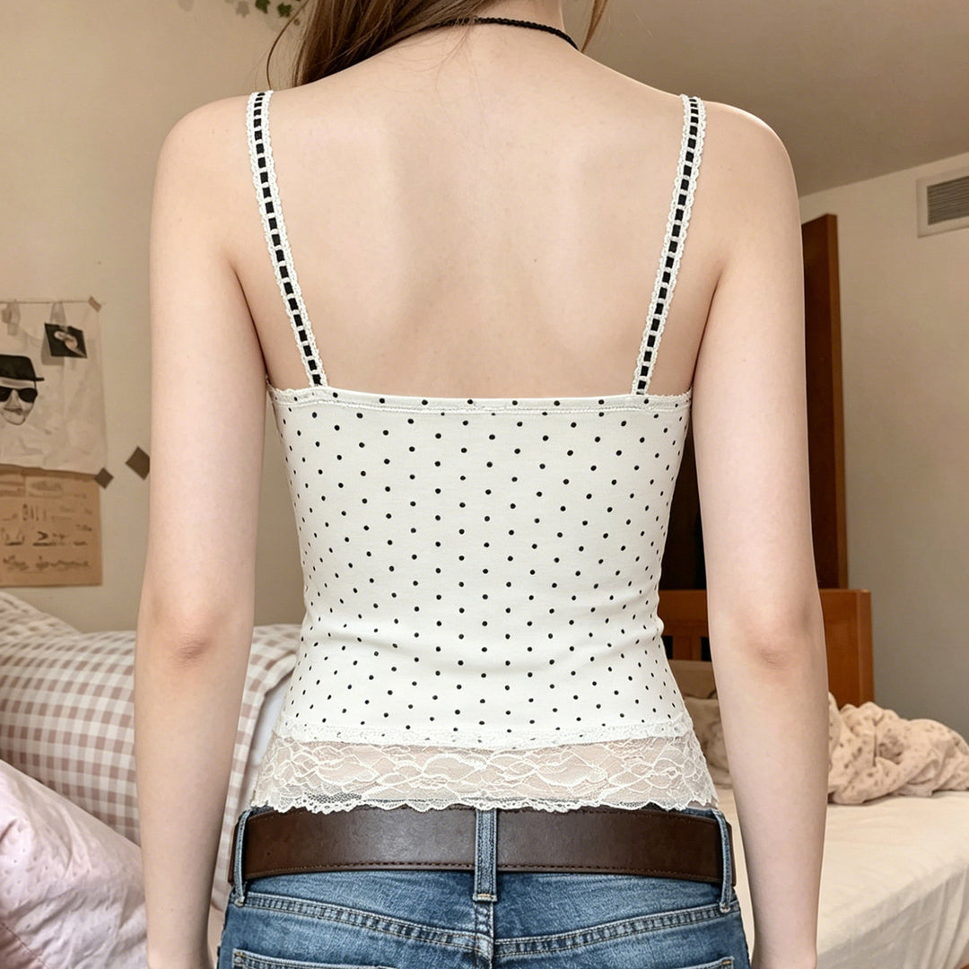 Damen Spaghetti-Trägertop mit floralen Spitzenakzenten und Polka-Punkten Drune