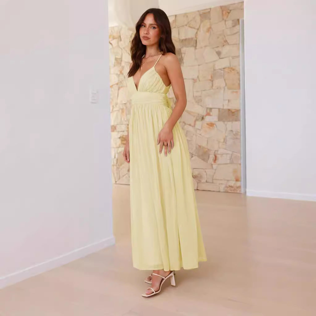 Damen elegantes Maxikleid mit tiefem V-Ausschnitt und fließendem Rock Drune