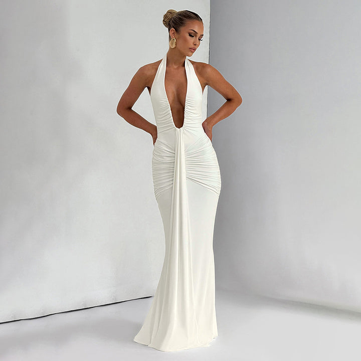Damen Elegantes Maxi-Kleid mit tiefem V-Ausschnitt und Rüschendetails Drune