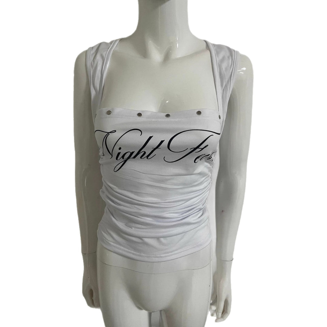 Damen Kurzarm Top mit verspieltem Schriftzug und Rüschendetails Drune