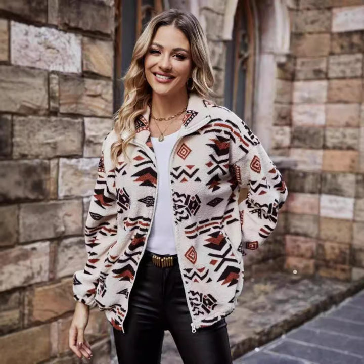 Damen Plüschjacke mit ethnischem Muster und kurzer Reißverschluss Drune