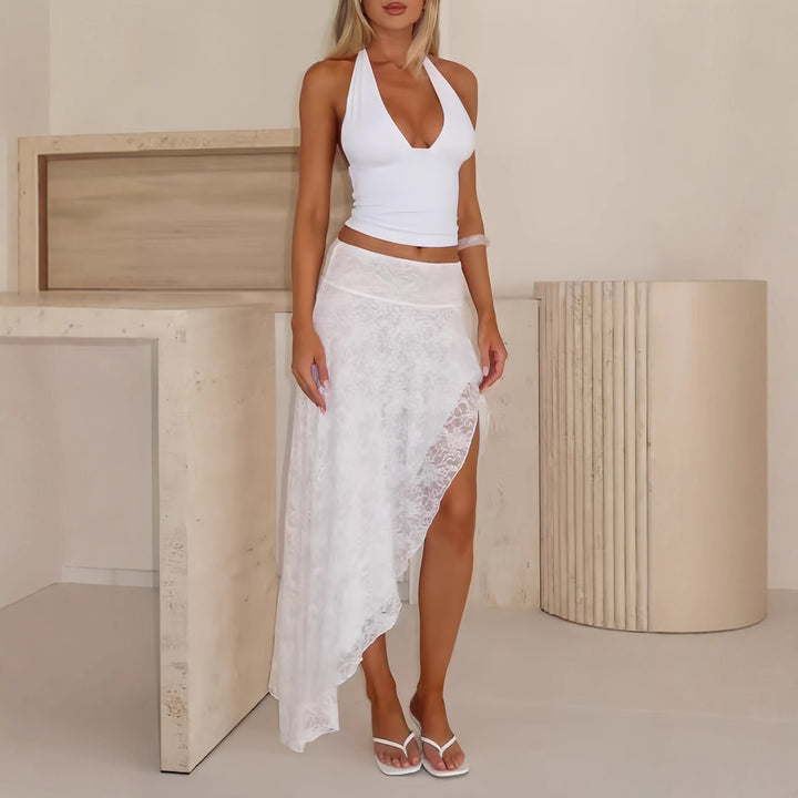 Damen asymmetrisches Kleid mit Spitzenrock und süßem Bustier-Oberteil Drune