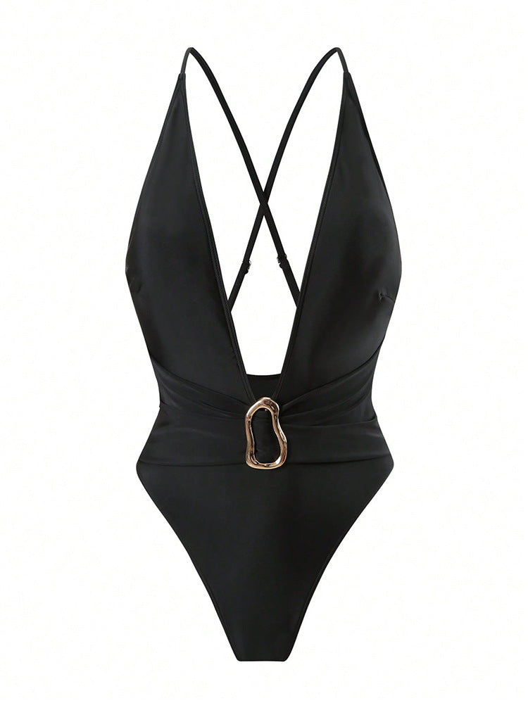 Damen Einteiliges Badeanzug mit tiefem V-Ausschnitt und elegantem Gold-Detail Drune