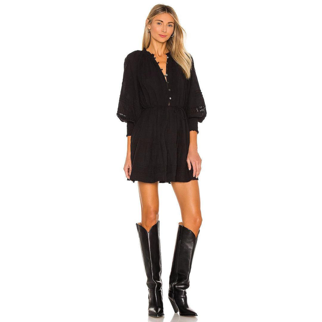 Damen luftiges Tunika-Kleid mit dekorativen Knopfdetails und Taillenzug Drune