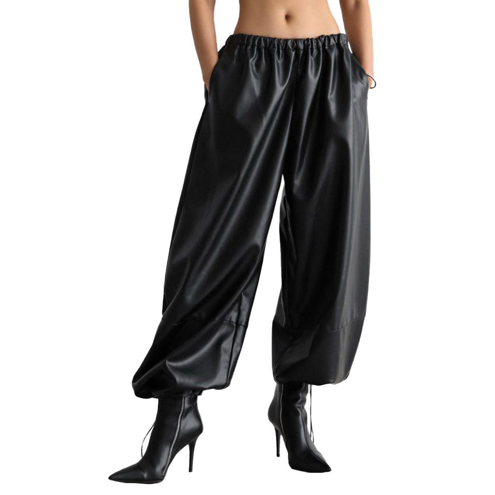 Damen Hochwertige Lederlook Hose mit elastischem Bund und weiten Beinen Drune