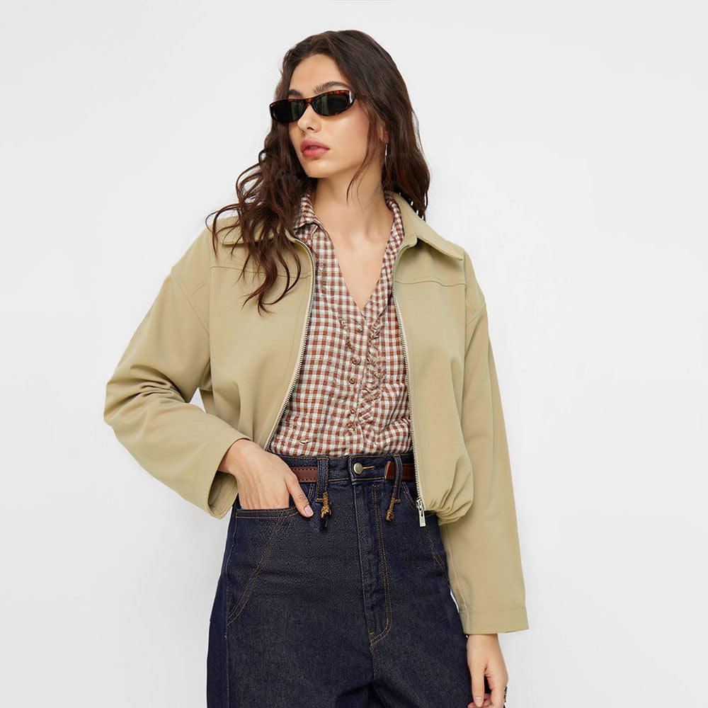 Damen lässige Kurzjacke mit elastischen Bündchen und modischem Reißverschluss Drune