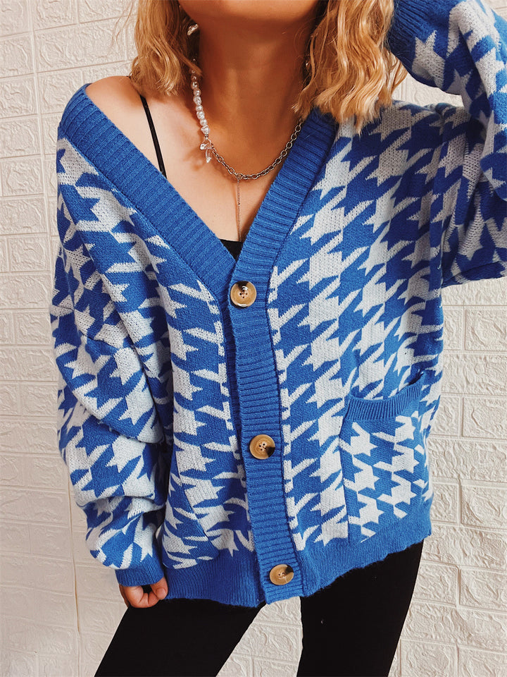 Damen lässige Strickjacke mit modernem Hundezahlenmuster Drune