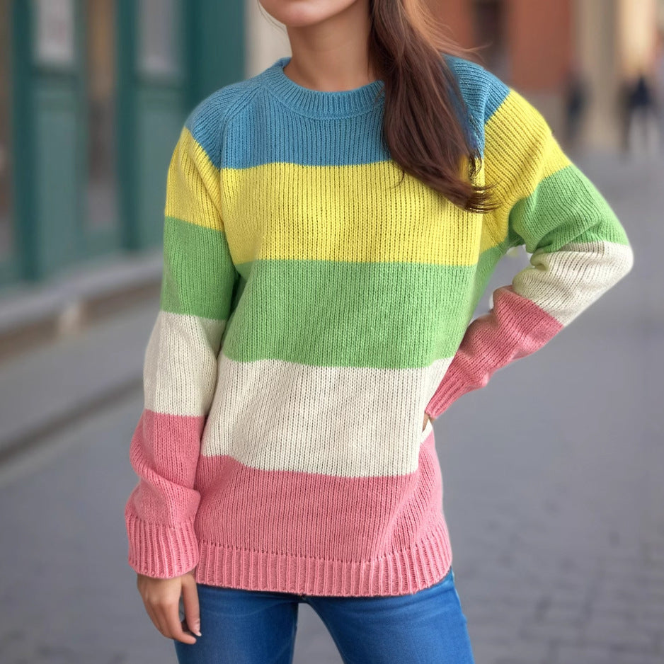 Damen gestreifter Strickpullover mit lässigem Schnitt und buntem Design Drune