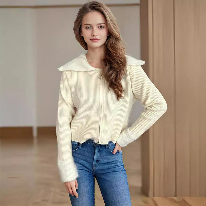 Damen bequeme Strickjacke mit praktischen Reißverschluss-Details und modernen Puffärmeln Drune