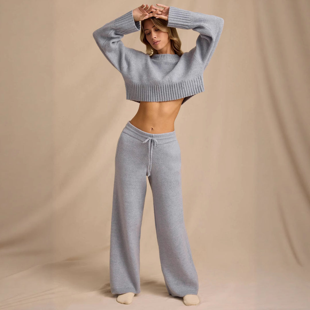 Damen lässiges und bequemes Strickset mit cropped Pullover und weitem Hosen Drune