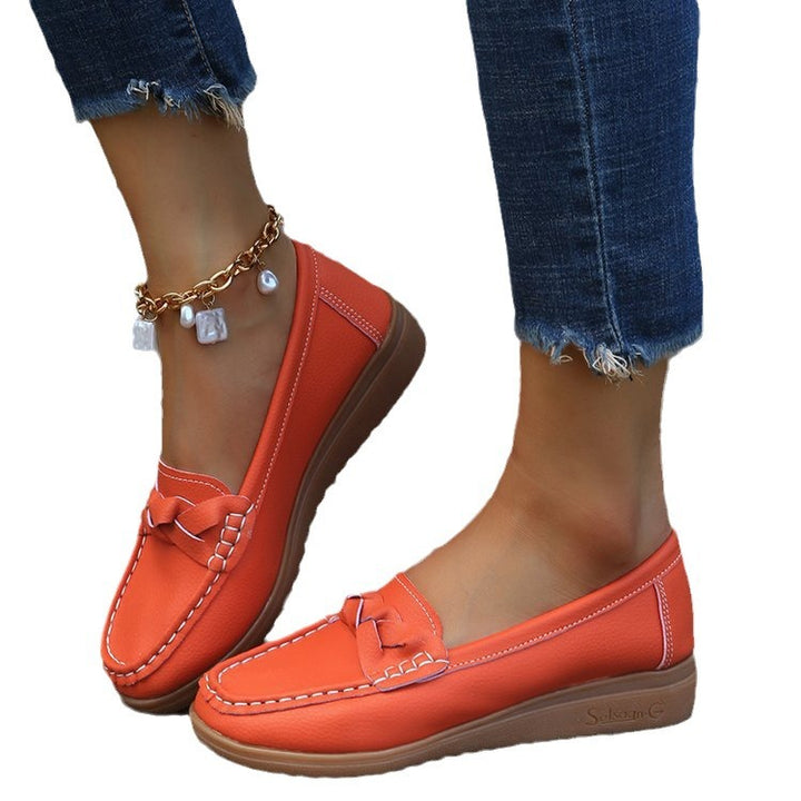 Damen nan Mokassin-Loafer mit geflochtenem Vorderblatt sichtbarer Kontrastnaht und ergonomischer Keilsohle Drune