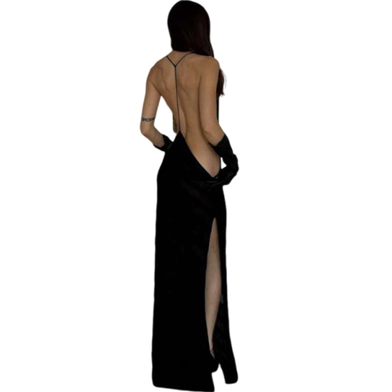 Damen elegantes Maxikleid mit tiefem Rückenausschnitt und feinem Streifenmuster Drune
