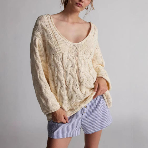 Damen Strickpullover mit innovativem Zopfmuster und weitem Ausschnitt Drune