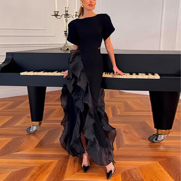 Damen elegantes Maxikleid mit fließenden Rüschen und schimmerndem Obermaterial Drune