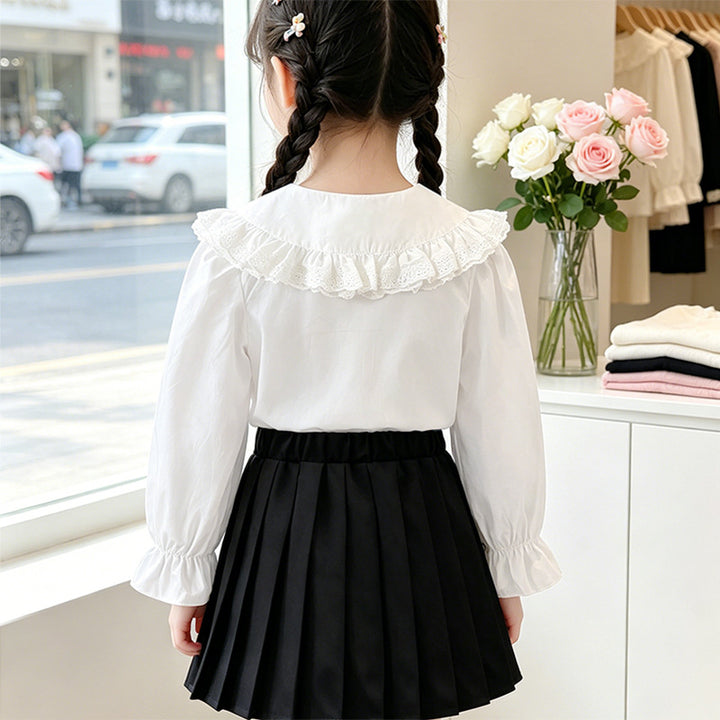 Mädchen Bluse mit voluminösem Spitzenkragen und Rüschendetails Drune
