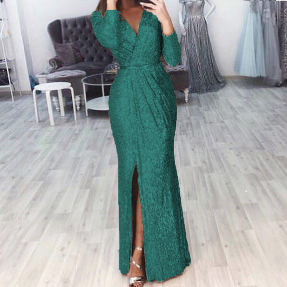 Damen langes Abendkleid mit elegantem Wickelschnitt und Schlitz Drune