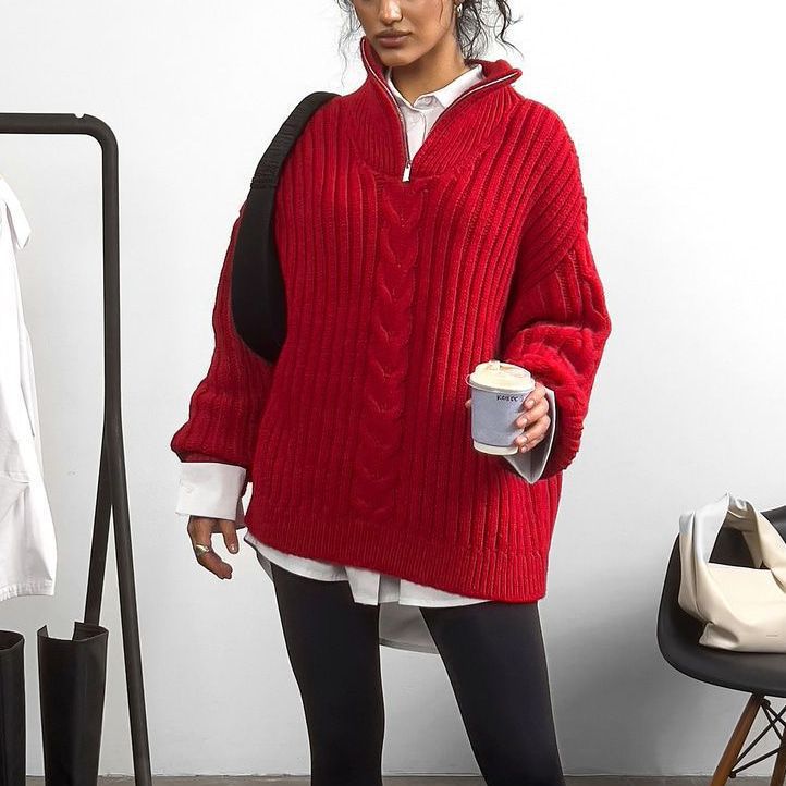 Damen Grobstrickpullover mit Zip-Kragen und Zopf-Design Drune