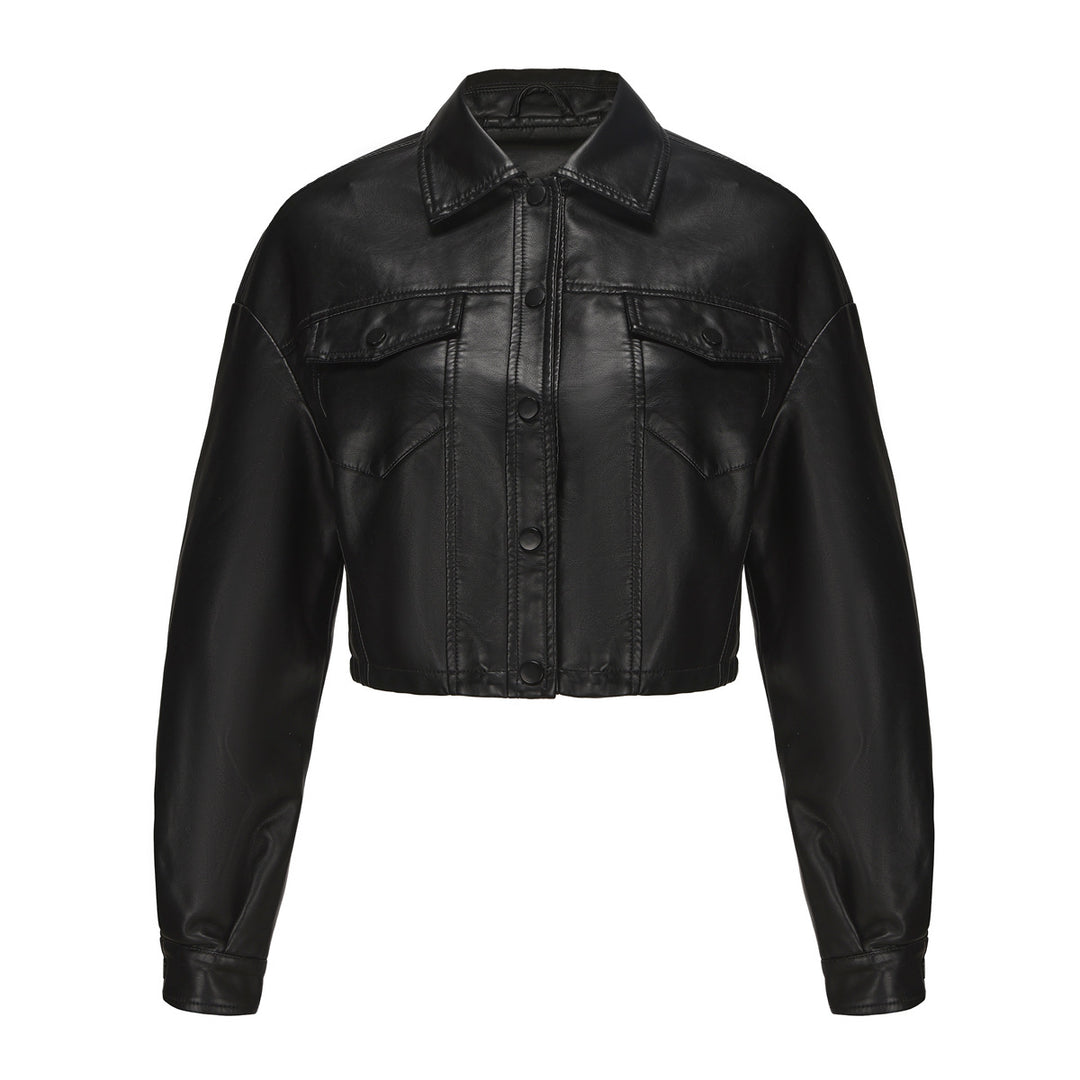 Damen nan kurze Oversized-Kunstlederjacke im Trucker-Stil mit Pattentaschen und verdeckter Druckknopfleiste Drune