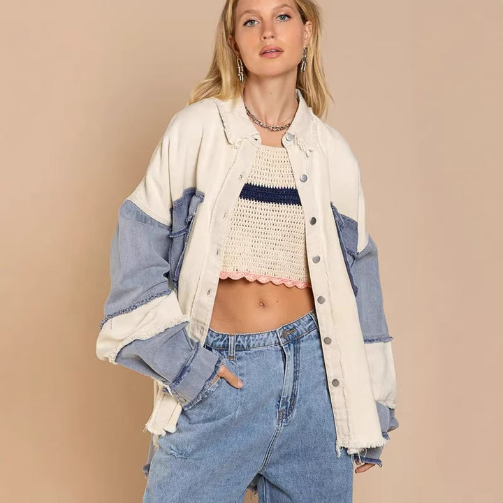 Damen Oversized Denim Jacke mit einzigartigen Farbblöcken und fransigen Details Drune