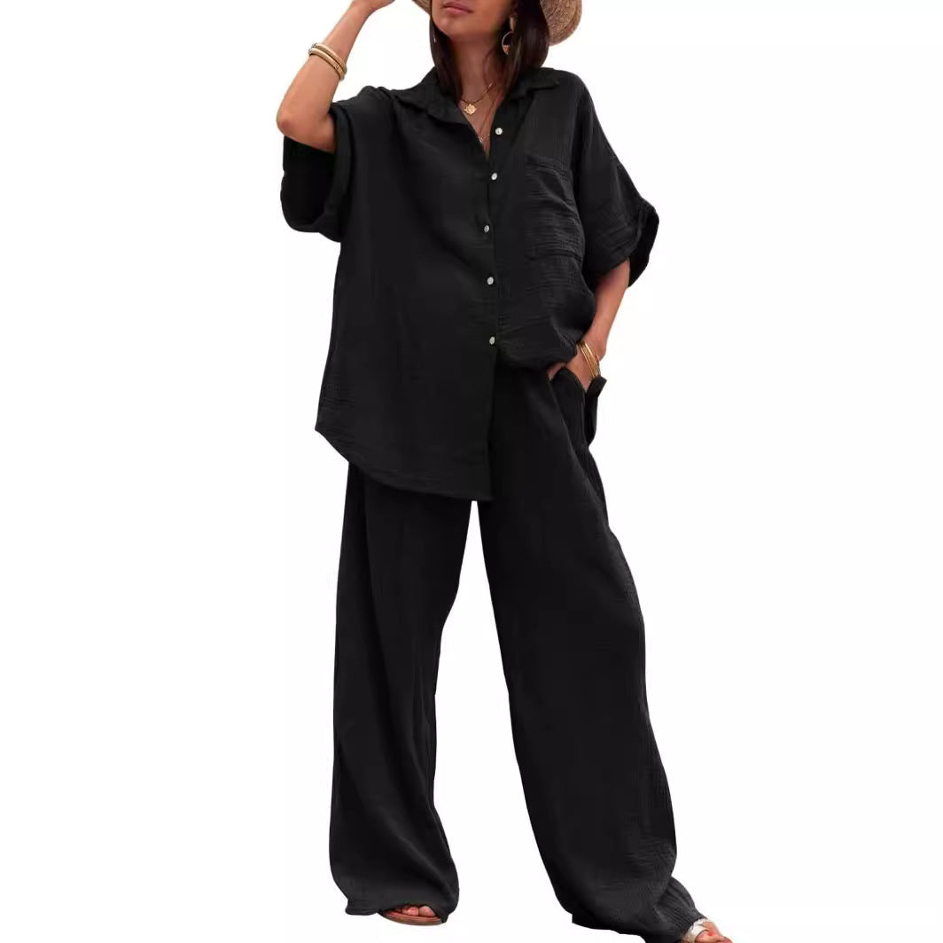 Damen Sommerliches Zweiteiler-Set mit übergroßem Hemd und weiter Hose Drune