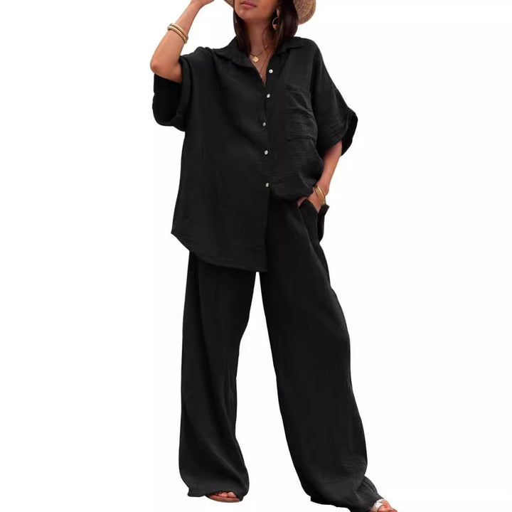 Damen Sommerliches Zweiteiler-Set mit übergroßem Hemd und weiter Hose Drune