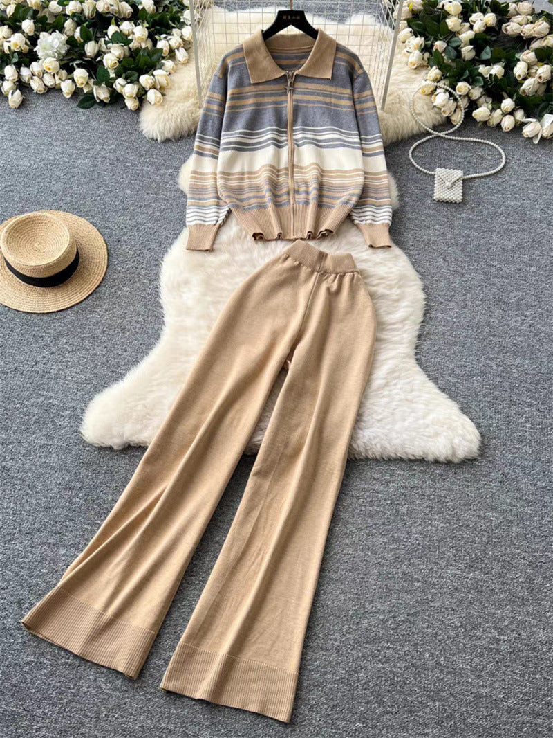 Damen modisches Freizeit-Loungewear-Set mit Reißverschluss und breitem Bein Drune