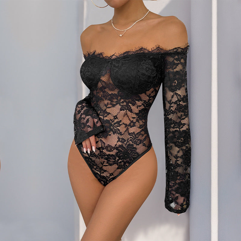 Damen Spitzenbody mit Off-Shoulder-Ausschnitt und langen Ärmeln Drune