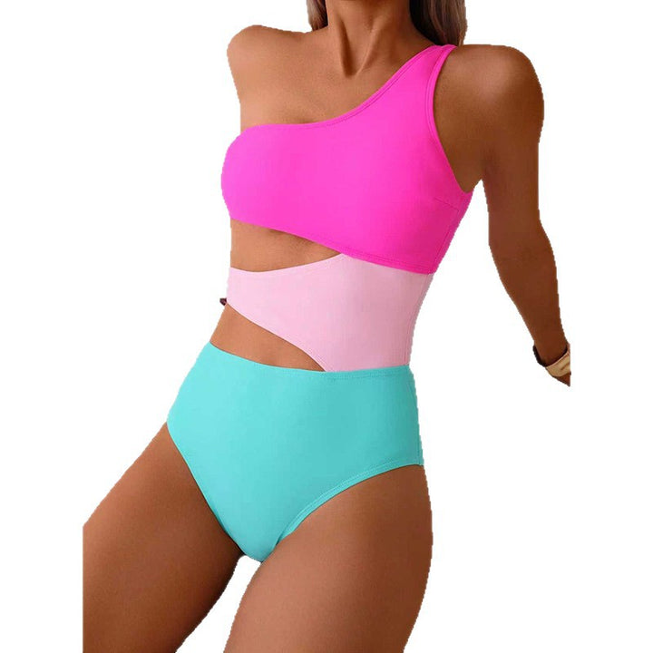 Damen Einteiler Badeanzug mit asymmetrischem Schnitt und trendy Farbkombination Drune