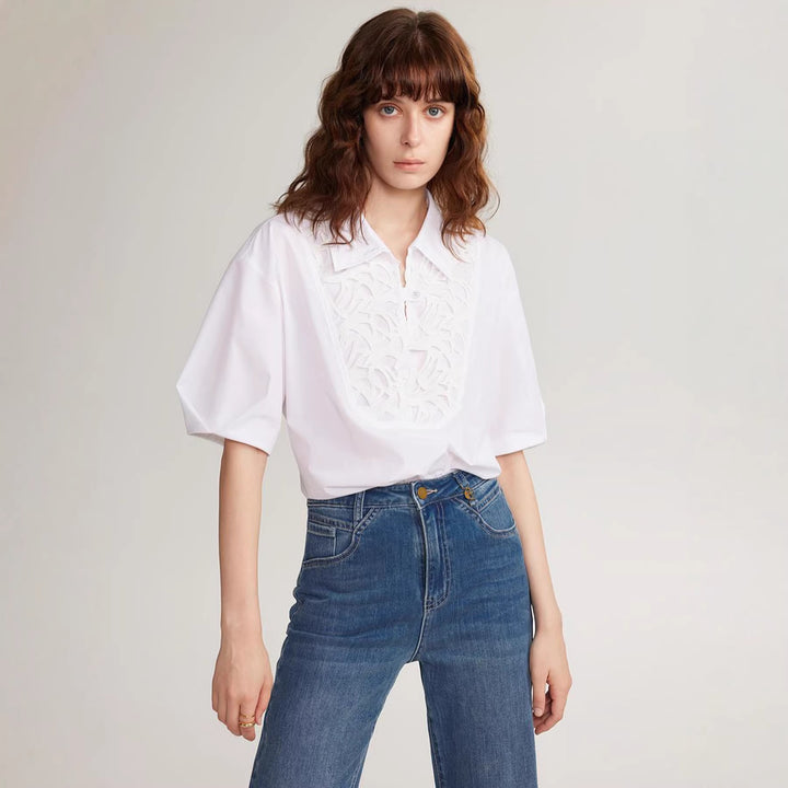 Damen Elegante Bluse mit traumhaftem Stickdesign und Knopfdetails Drune