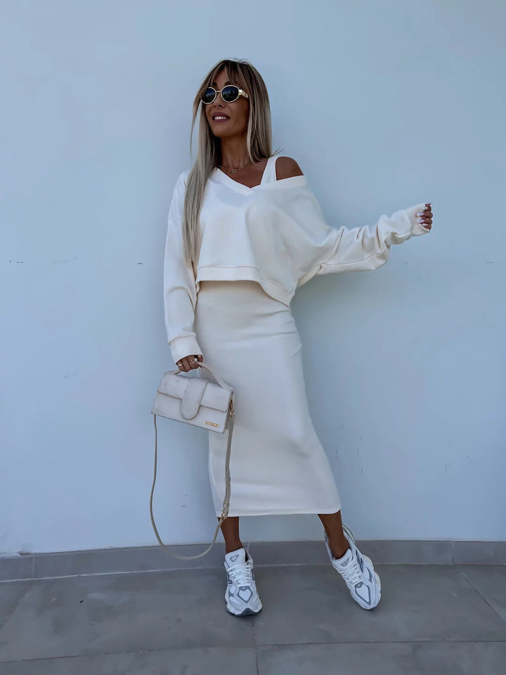 Damen nan zweiteiliges Midirock-Set mit off-shoulder Oversize-Sweatshirt und figurbetontem Bleistiftrock Drune