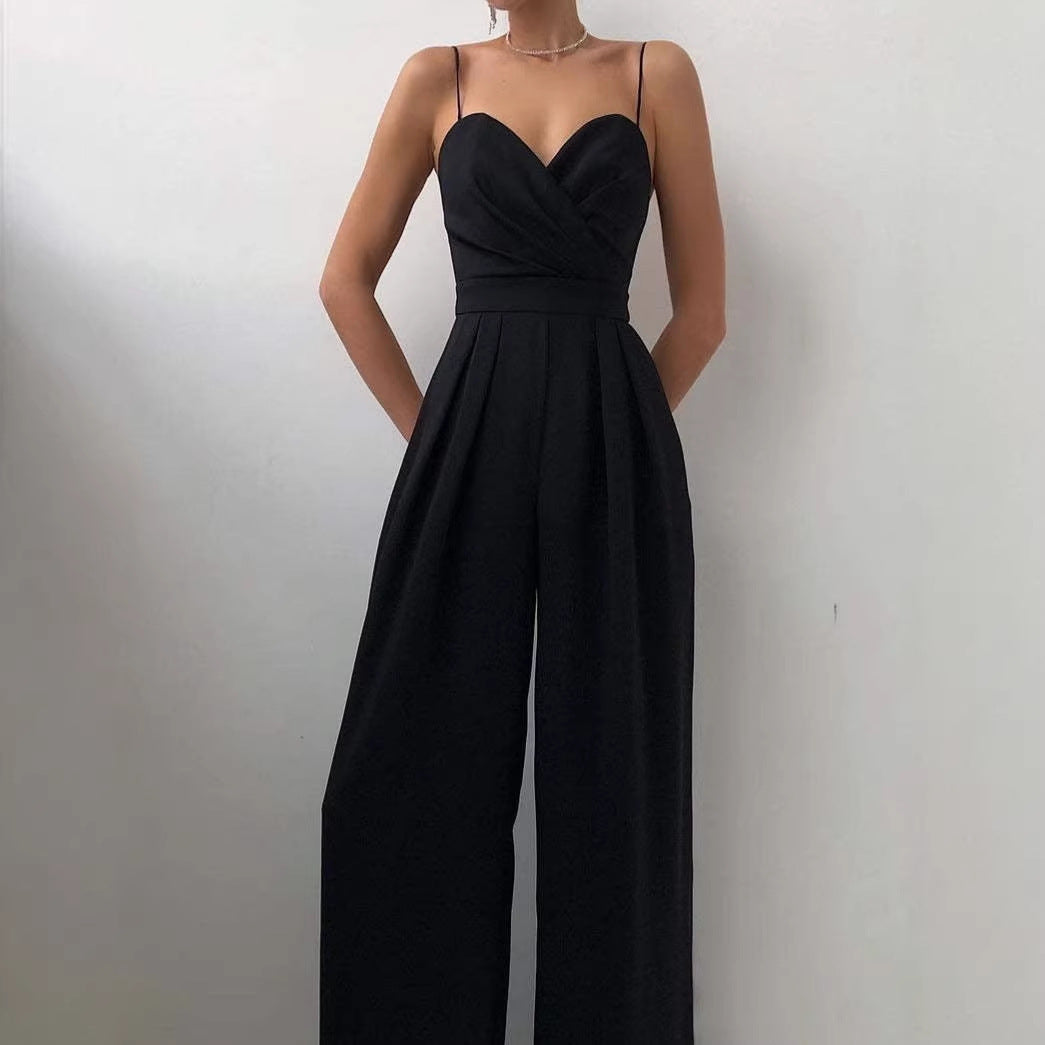 Damen eleganter Jumpsuit mit tiefem V-Ausschnitt und weiten Beinen Drune