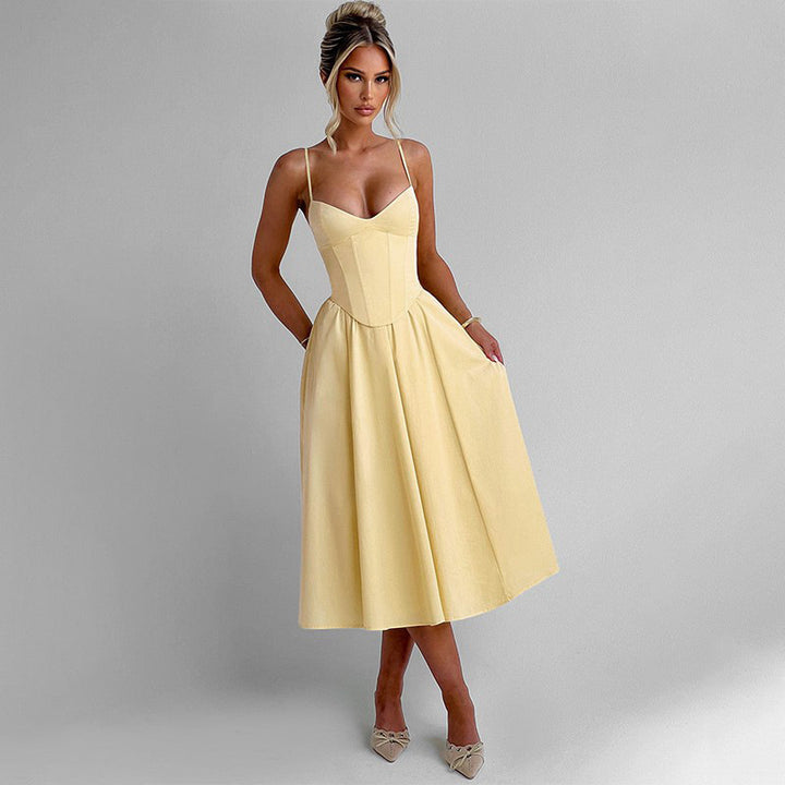 Damen Midi Kleid mit figurbetonter Corsage und schwingendem Rock Drune