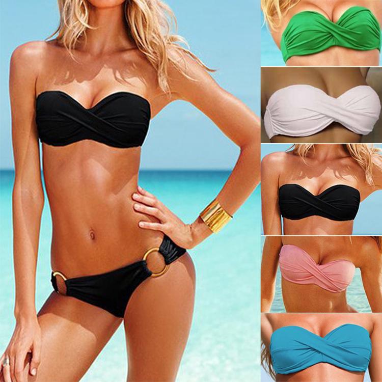 Damen Bandeau-Bikini mit elegantem Wickeldesign und goldenen Akzenten Drune