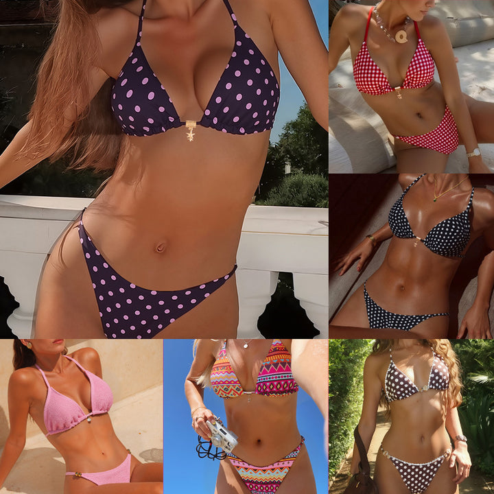 Damen Triangel-Bikini mit modischem Punktedesign und goldener Verschlussdetails Drune