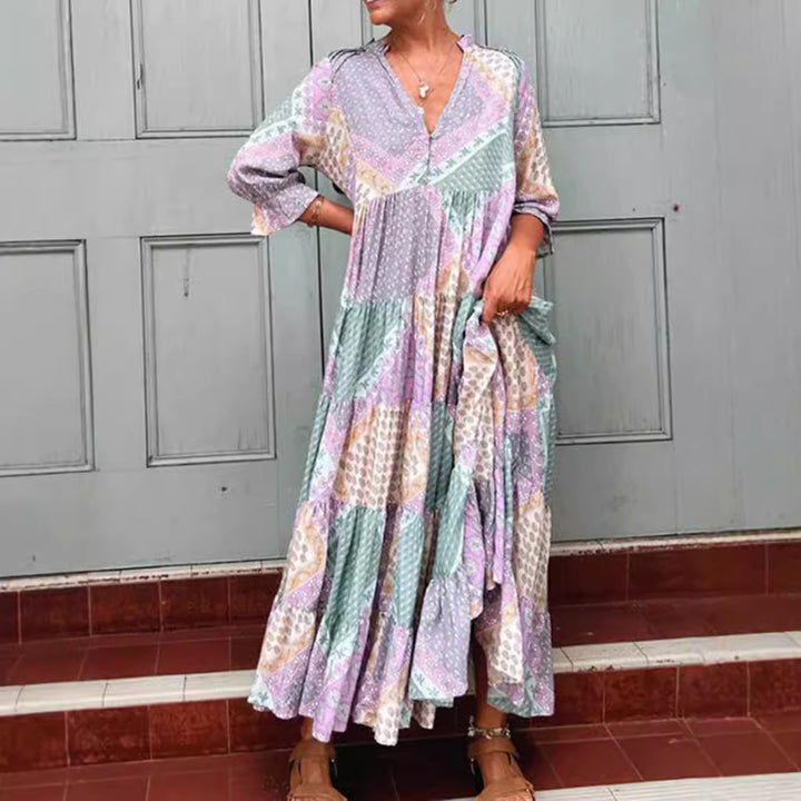 Damen nan luftiges Maxikleid im Patchwork-Boho-Stil mit V-Ausschnitt, gerafftem Oberteil und ausgestelltem Stufensaum Drune