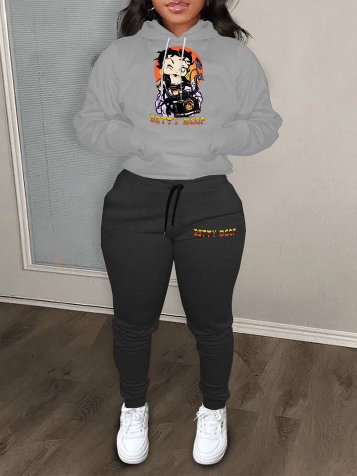 Damen modernes Kapuzenpullover und lässige Jogginghose Set mit künstlerischem Cartoon-Druck Drune
