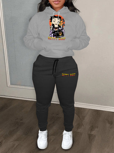 Damen modernes Kapuzenpullover und lässige Jogginghose Set mit künstlerischem Cartoon-Druck Drune