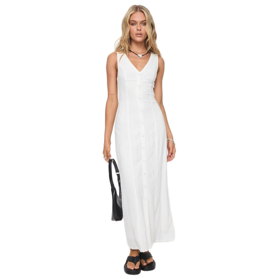 Damen Maxikleid mit knöpfbarem Ausschnitt und figurbetontem Schnitt Drune