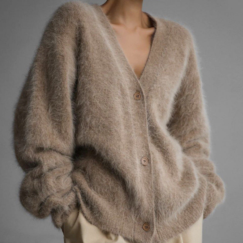Damen flauschiger Cardigan mit V-Ausschnitt und übergroßem Schnitt Drune