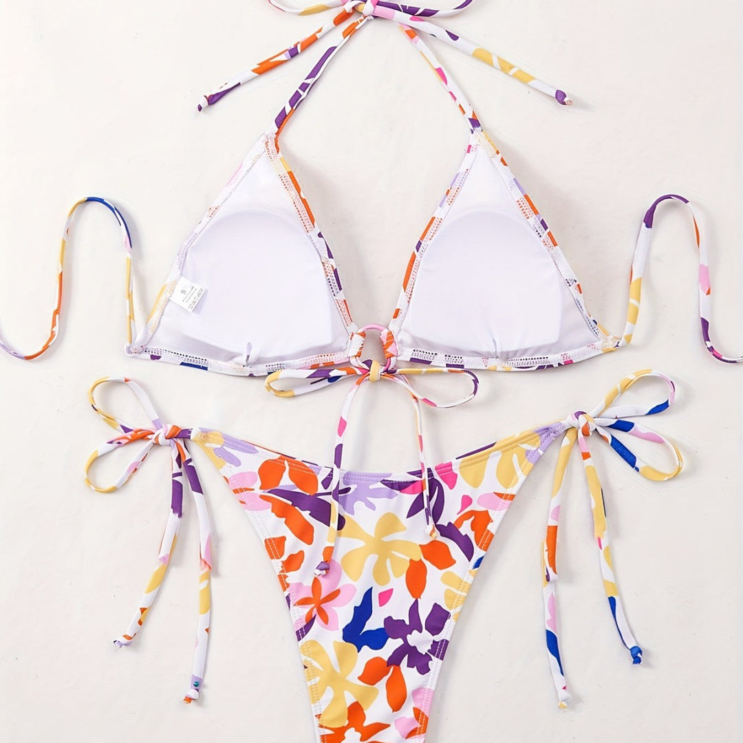 Damen Triangel-Bikini mit verstellbaren Schnüren und fröhlichem Blumenmuster Drune