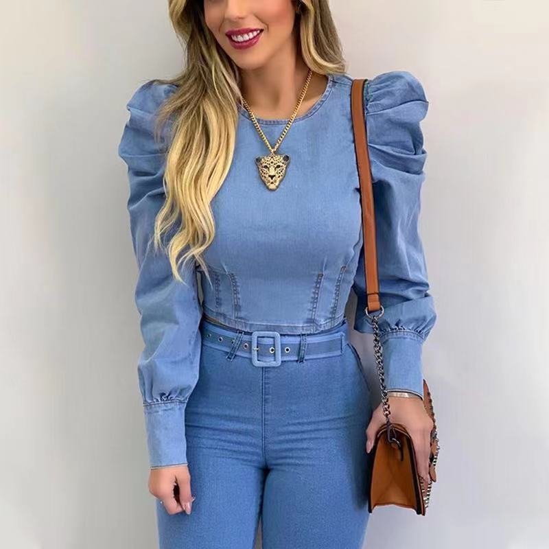 Damen Jeans-Bluse mit Puffärmeln und taillierter Silhouette Drune