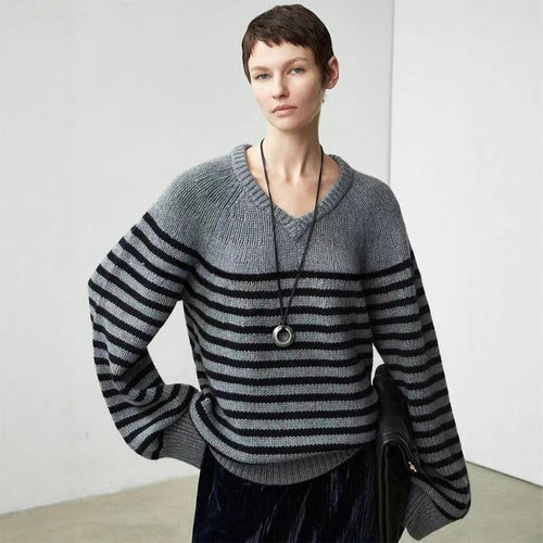 Damen lässiger V-Ausschnitt Pullover mit Streifen Drune