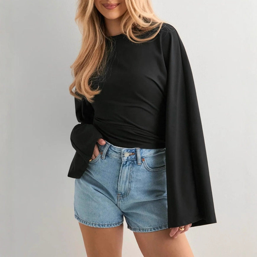 Damen cropped Langarmshirt mit weit ausgestellten Ärmeln Drune